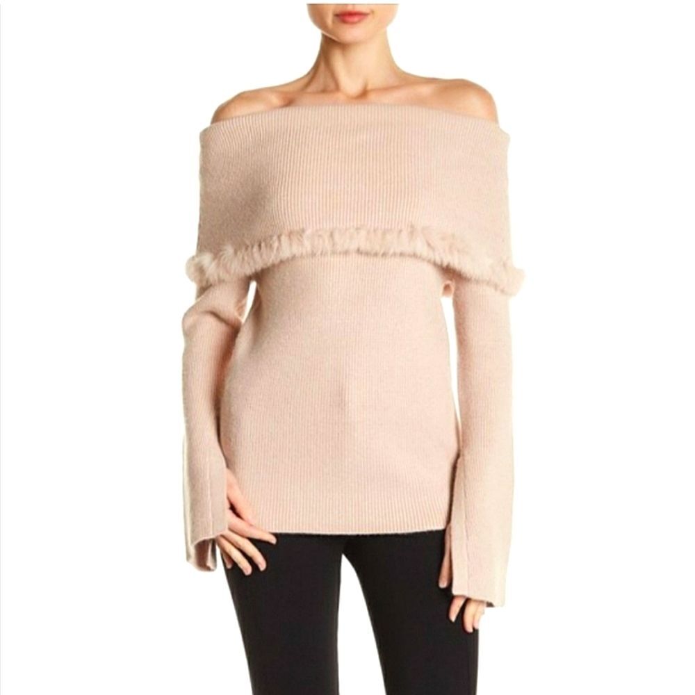Love Token Blush Pink Off-the-Shoulder Faux Fur Trim Sweater Women Size S